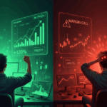 A trader experiencing success on the left with profit charts, and failure on the right with liquidation alerts, symbolizing the risks and rewards of crypto margin trading.