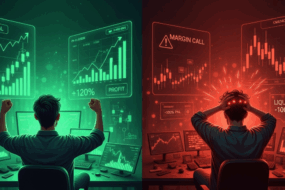 A trader experiencing success on the left with profit charts, and failure on the right with liquidation alerts, symbolizing the risks and rewards of crypto margin trading.