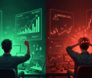 A trader experiencing success on the left with profit charts, and failure on the right with liquidation alerts, symbolizing the risks and rewards of crypto margin trading.