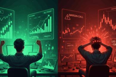 A trader experiencing success on the left with profit charts, and failure on the right with liquidation alerts, symbolizing the risks and rewards of crypto margin trading.