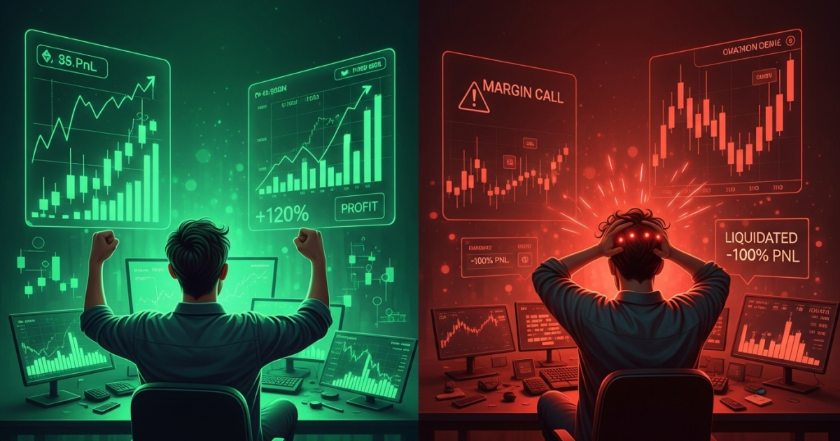 A trader experiencing success on the left with profit charts, and failure on the right with liquidation alerts, symbolizing the risks and rewards of crypto margin trading.