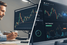 Split-screen showing a man analyzing charts on one monitor and an auto trading bot interface on another, comparing manual and automated crypto trading strategies.