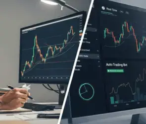 Split-screen showing a man analyzing charts on one monitor and an auto trading bot interface on another, comparing manual and automated crypto trading strategies.