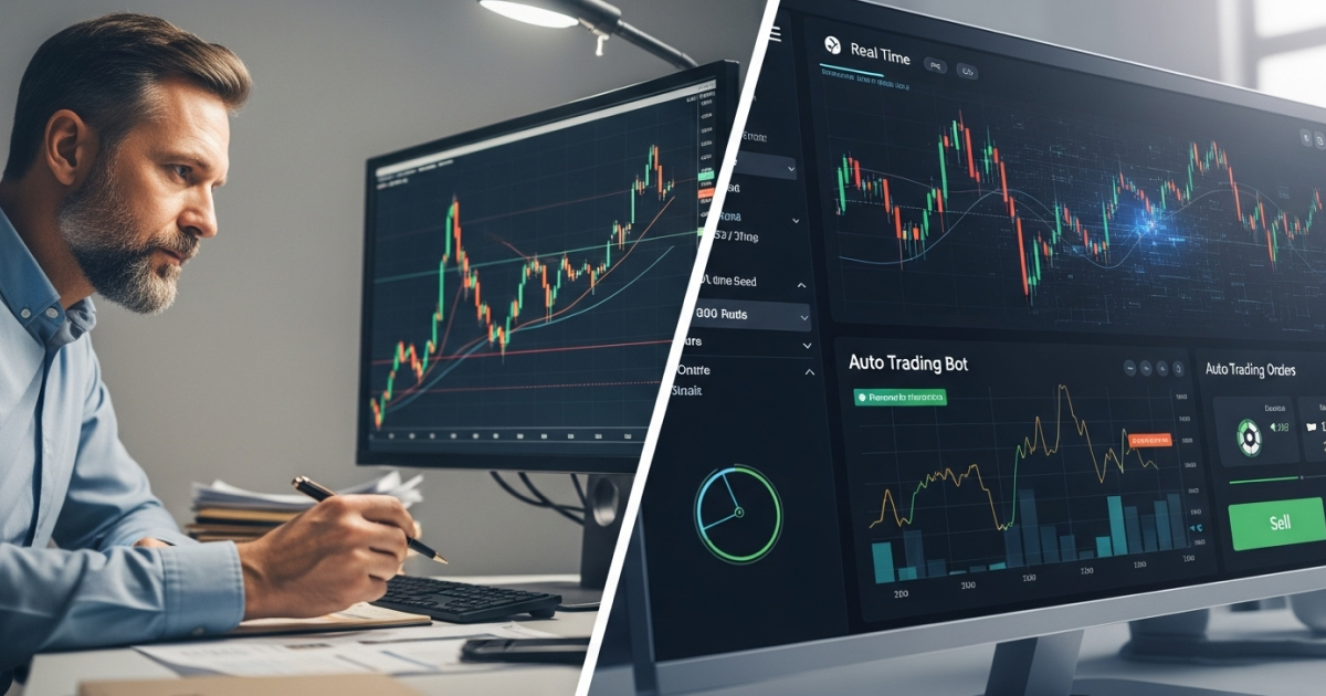 Split-screen showing a man analyzing charts on one monitor and an auto trading bot interface on another, comparing manual and automated crypto trading strategies.