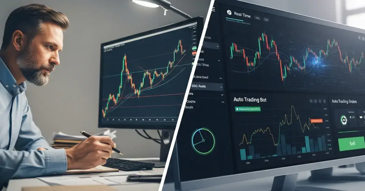 Manual vs Automated Trading: A Side-by-Side View of Market Strategies | Bitunix Split-screen showing a man analyzing charts on one monitor and an auto trading bot interface on another, comparing manual and automated crypto trading strategies.