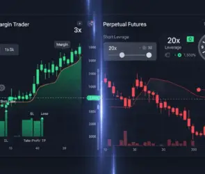 Comparison between Spot Margin Trading and Perpetual Futures on a crypto trading platform interface, showing leverage, chart trends, and key trading indicators