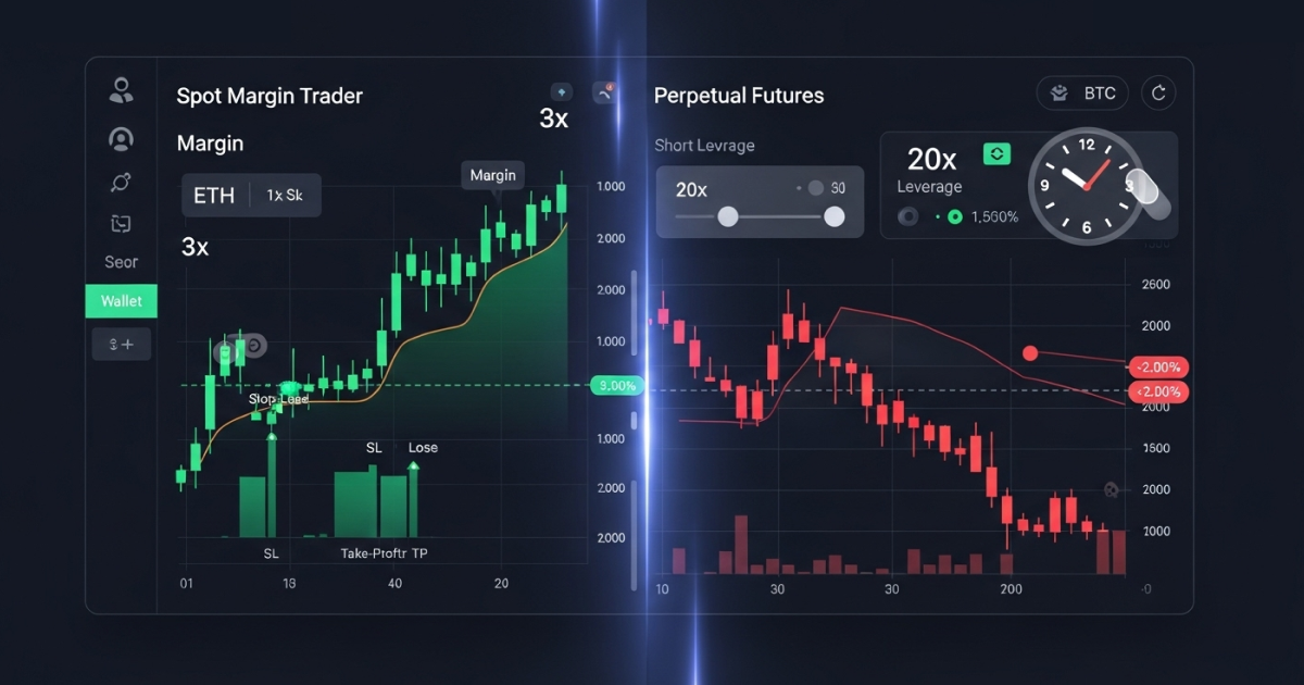 Comparison between Spot Margin Trading and Perpetual Futures on a crypto trading platform interface, showing leverage, chart trends, and key trading indicators