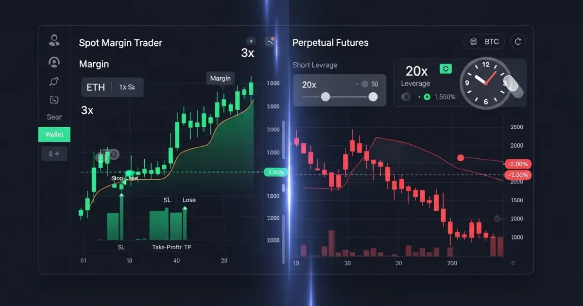 Comparison between Spot Margin Trading and Perpetual Futures on a crypto trading platform interface, showing leverage, chart trends, and key trading indicators