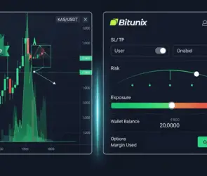 Screenshot of Kaspa (KAS/USDT) margin trading interface on Bitunix, showing a green candlestick chart with 3x leverage, adjustable risk exposure, wallet balance, margin used, and SL/TP (Stop Loss / Take Profit) toggle settings on the trading panel.