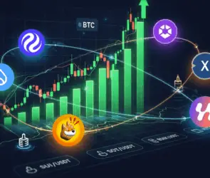 Chart showing rising altcoin trading volume with multiple altcoin logos like BONK, SUI, and others against a background of green candlesticks, wallet icons, and BTC price breakout.