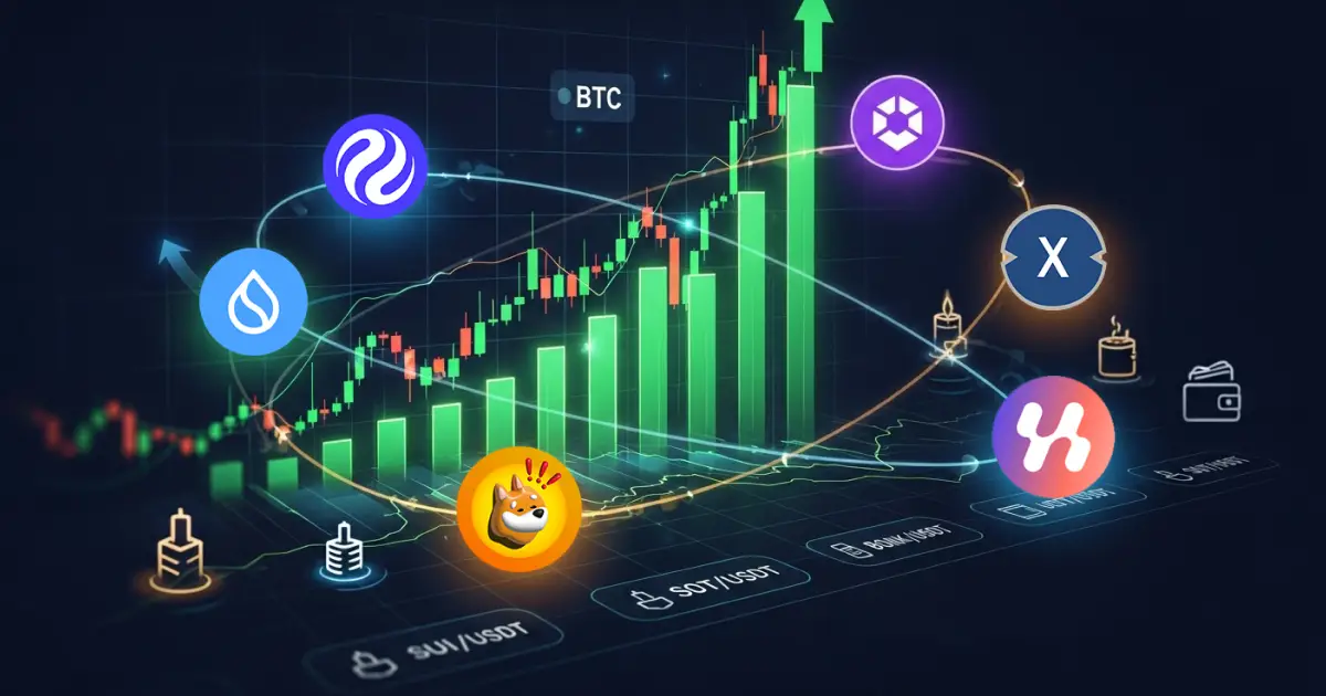 Chart showing rising altcoin trading volume with multiple altcoin logos like BONK, SUI, and others against a background of green candlesticks, wallet icons, and BTC price breakout.