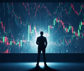 Silhouette of a trader analyzing live crypto spot trading candlestick charts on a large screen