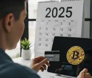 Person holding a credit card while buying Bitcoin online in 2025