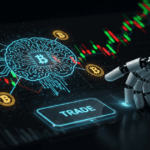 AI-powered robotic hand initiating Bitcoin trading on a digital interface with candlestick charts and crypto symbols.