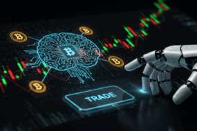 AI-powered robotic hand initiating Bitcoin trading on a digital interface with candlestick charts and crypto symbols.