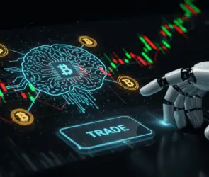 AI-powered robotic hand initiating Bitcoin trading on a digital interface with candlestick charts and crypto symbols.