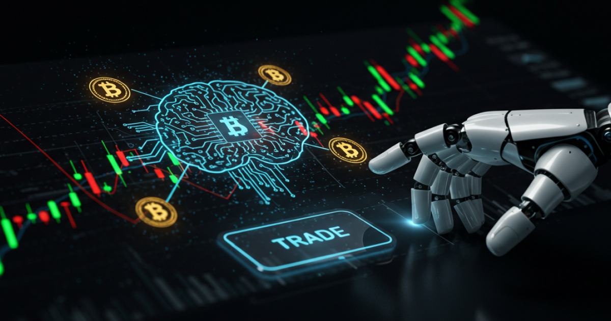 AI-powered robotic hand initiating Bitcoin trading on a digital interface with candlestick charts and crypto symbols.