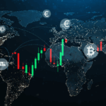 Global financial map with Bitcoin and currency symbols, showing candlestick chart trends over major regions