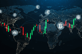 Global financial map with Bitcoin and currency symbols, showing candlestick chart trends over major regions