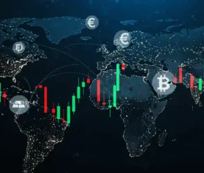 Global financial map with Bitcoin and currency symbols, showing candlestick chart trends over major regions