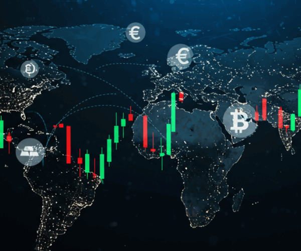 Global financial map with Bitcoin and currency symbols, showing candlestick chart trends over major regions