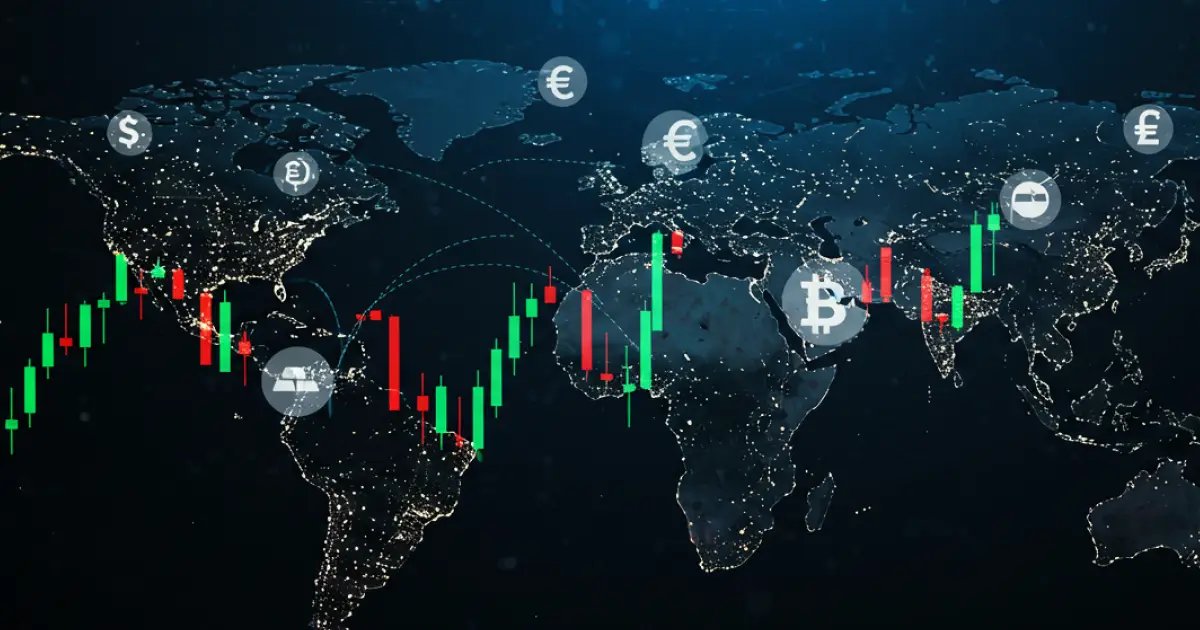 Global financial map with Bitcoin and currency symbols, showing candlestick chart trends over major regions