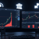 Two trading monitors display cryptocurrency charts for Bitcoin and other assets, showing price spikes, funding rates, and open interest data, set against a dark background with crypto and finance icons glowing above.