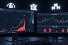 Two trading monitors display cryptocurrency charts for Bitcoin and other assets, showing price spikes, funding rates, and open interest data, set against a dark background with crypto and finance icons glowing above.