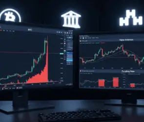 Two trading monitors display cryptocurrency charts for Bitcoin and other assets, showing price spikes, funding rates, and open interest data, set against a dark background with crypto and finance icons glowing above.