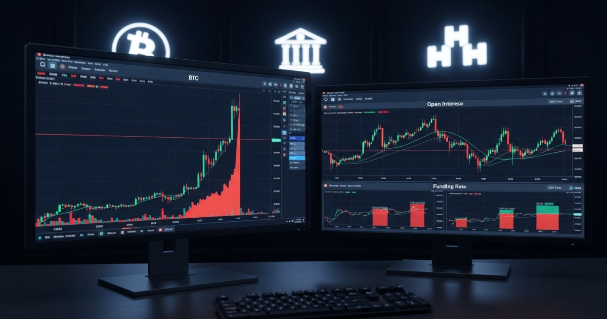 Two trading monitors display cryptocurrency charts for Bitcoin and other assets, showing price spikes, funding rates, and open interest data, set against a dark background with crypto and finance icons glowing above.