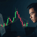 Focused young trader wearing headphones analyzes cryptocurrency candlestick charts on a computer screen in a dark room, highlighting market volatility and trading strategy.