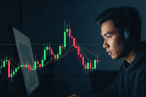 Focused young trader wearing headphones analyzes cryptocurrency candlestick charts on a computer screen in a dark room, highlighting market volatility and trading strategy.