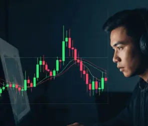 Focused young trader wearing headphones analyzes cryptocurrency candlestick charts on a computer screen in a dark room, highlighting market volatility and trading strategy.