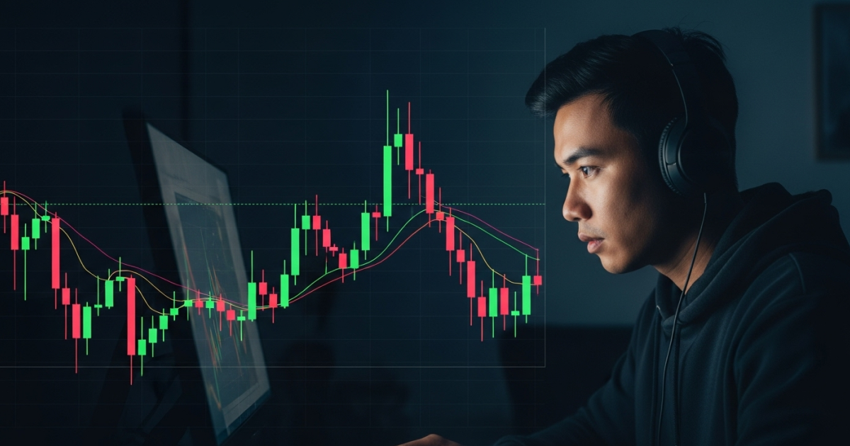 Focused young trader wearing headphones analyzes cryptocurrency candlestick charts on a computer screen in a dark room, highlighting market volatility and trading strategy.
