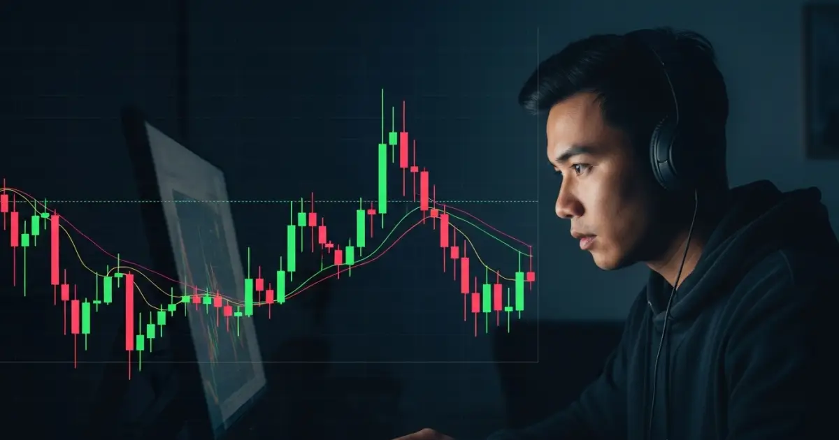 Crypto Trader Analyzing Live Candlestick Charts for Margin Trading Strategy | Bitunix Focused young trader wearing headphones analyzes cryptocurrency candlestick charts on a computer screen in a dark room, highlighting market volatility and trading strategy.