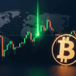Bitcoin symbol over candlestick chart and global map background indicating market surge