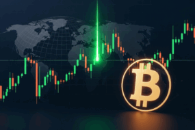 Bitcoin symbol over candlestick chart and global map background indicating market surge