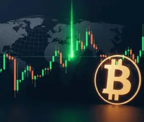 Bitcoin symbol over candlestick chart and global map background indicating market surge