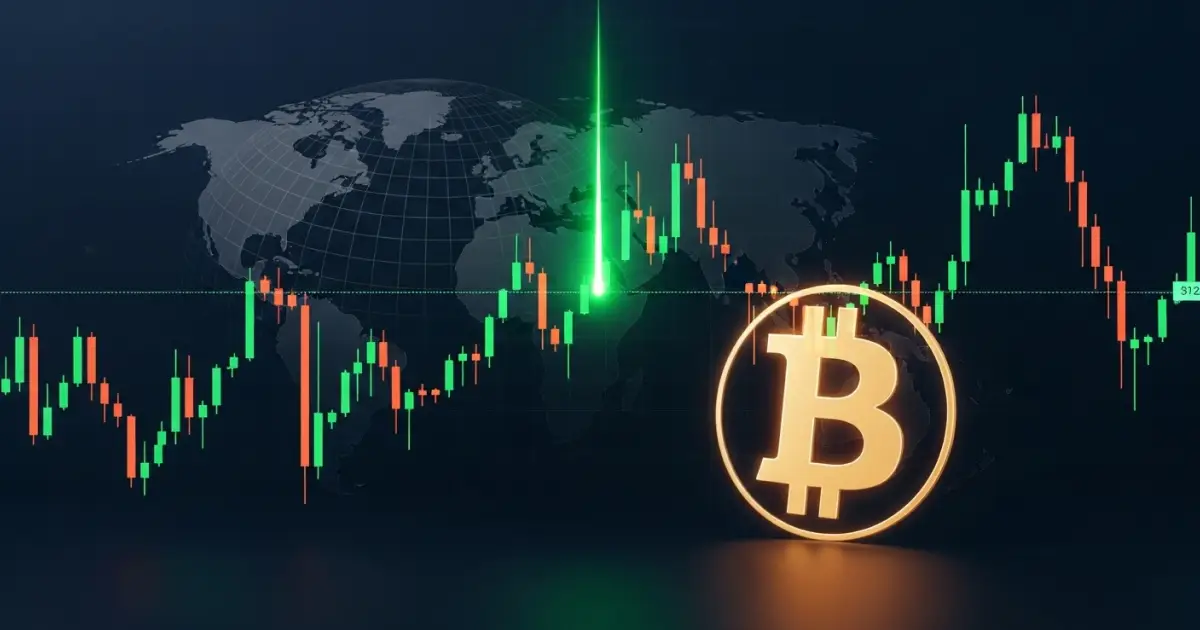 Bitcoin symbol over candlestick chart and global map background indicating market surge