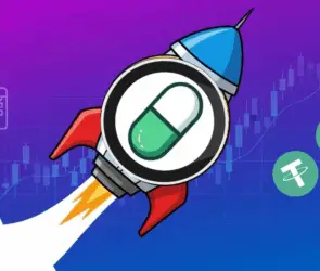 Bitunix A rocket with a pill icon launches upward against a purple background, rising financial chart, calendar icon, and two Tether (USDT) symbols floating nearby—capturing the dynamic energy of pump.fun.
