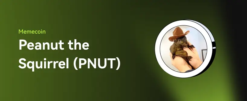 Bitunix A graphic with a green gradient background features the text Memecoin Peanut the Squirrel (PNUT) and shows a photo of a squirrel wearing a small brown cowboy hat, held gently in someones hands.