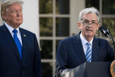 Donald Trump and Jerome Powell during a policy speech that influenced Bitcoin markets.