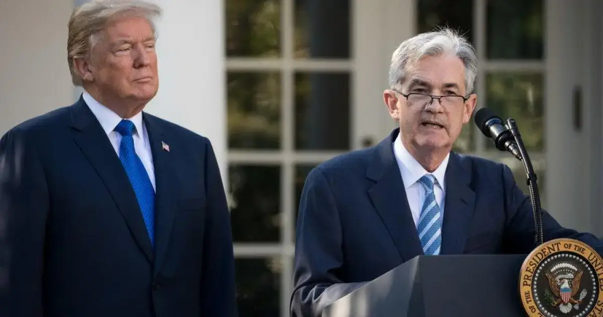Donald Trump and Jerome Powell during a policy speech that influenced Bitcoin markets.