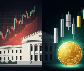 Bitcoin price chart and Federal Reserve building with market candlesticks, symbolizing PCE inflation July 2025, Fed rate cuts, and crypto market reactions.