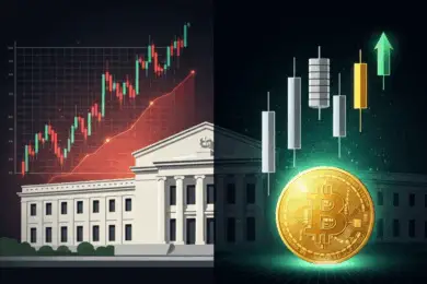 Bitcoin price chart and Federal Reserve building with market candlesticks, symbolizing PCE inflation July 2025, Fed rate cuts, and crypto market reactions.