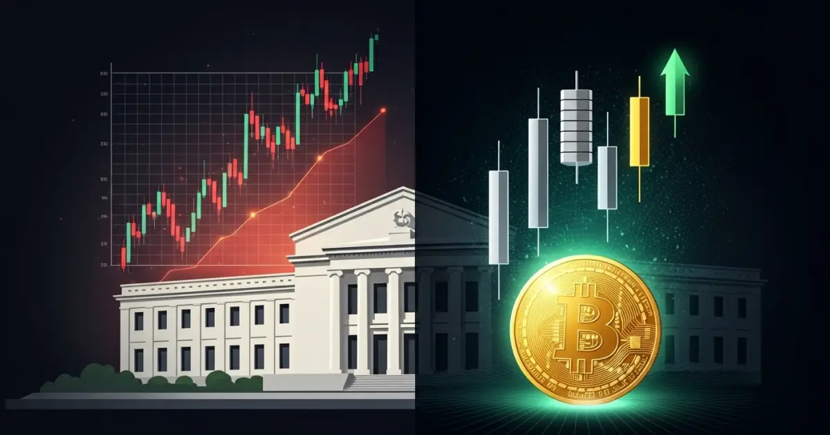 Bitcoin price chart and Federal Reserve building with market candlesticks, symbolizing PCE inflation July 2025, Fed rate cuts, and crypto market reactions.