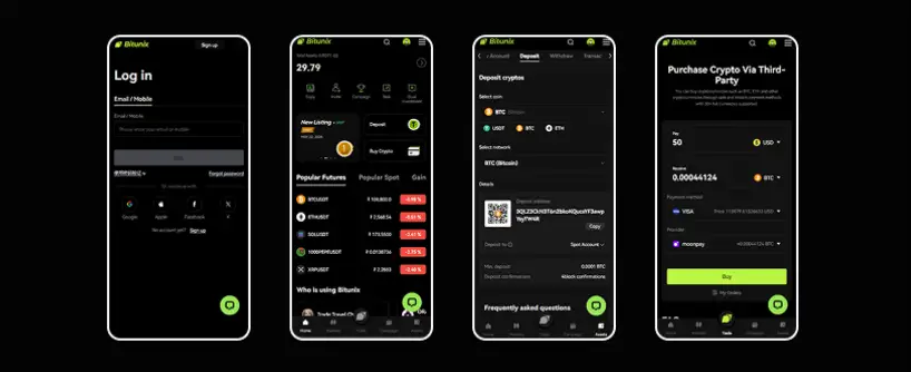 Bitunix Four smartphone screens display a cryptocurrency app interface, showing a login page, market prices, deposit options for Bitcoin, and a purchase crypto page with various input fields and buttons.