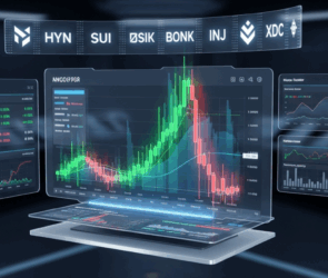 Digital trading dashboard displaying real-time charts and data for various altcoins including HYN, SUI, OSIK, BONK, INJ, and XDC