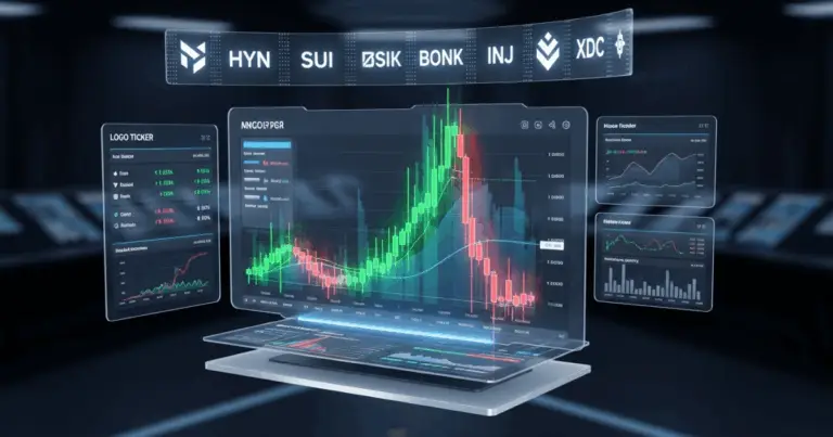 Digital trading dashboard displaying real-time charts and data for various altcoins including HYN, SUI, OSIK, BONK, INJ, and XDC