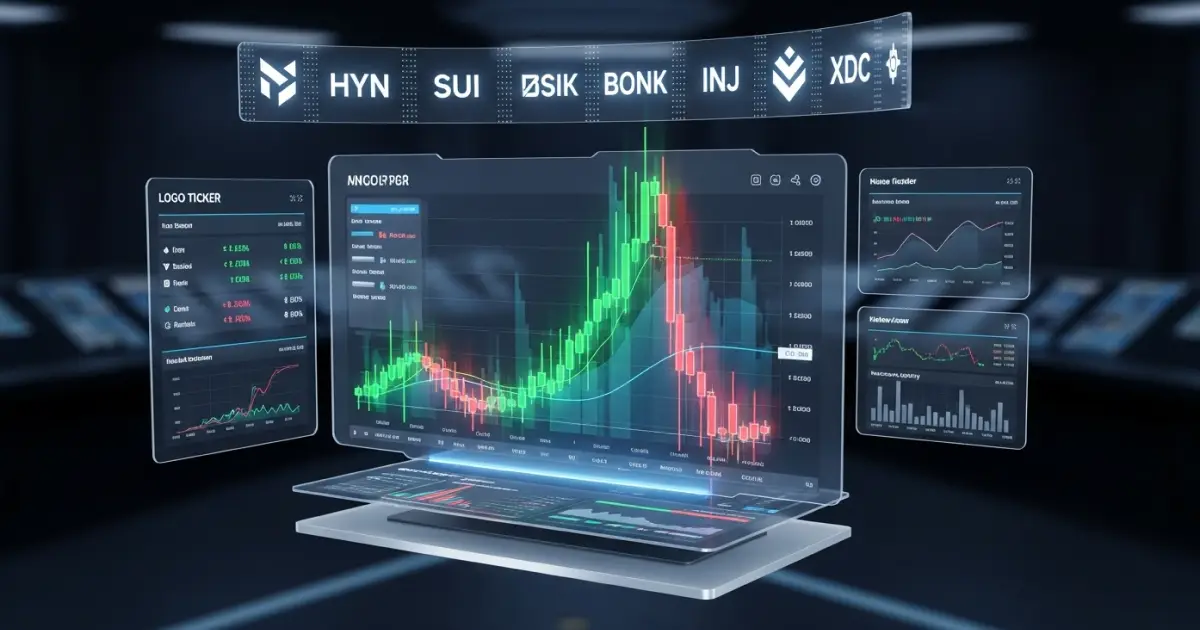 Digital trading dashboard displaying real-time charts and data for various altcoins including HYN, SUI, OSIK, BONK, INJ, and XDC